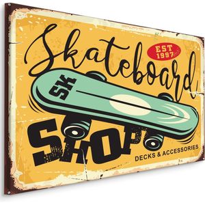 Schilderij - Skateboard Shop, Reclamebord, Premium Print, Geel, Groen