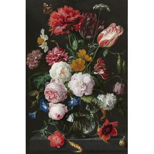 Schilderij - Stilleven met bloemen in een glazen vaas, Jan Davidsz. de Heem , Multikleur , 2 maten , Wanddecoratie. Museumstuk, zonder filter dus 1 op 1 van het origineel