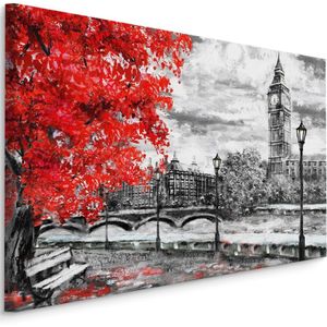 Schilderij - Uitzicht op de Thames en Big Ben in Londen (print op canvas), zwart-wit/rood, 4 maten, wanddecoratie