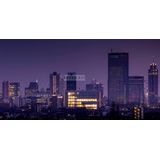 Schilderij - Rotterdam Skyline, Zwart Paars Geel , 2 Maten , Premium Print