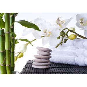 Schilderij - Orchidee, zen stenen en bamboe , Wit groen zwart , 2 maten , Wanddecoratie, Inspirerend, Oosters, Spa, woon-en slaapkamer en praktijkruimte