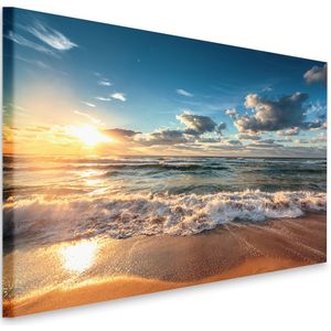 Schilderij - Zonsondergang op het strand II, zicht op de Noordzee, premium print in 2 maten, wanddecoratie, snel in huis