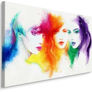 Schilderij - Kleurrijk Portret van drie Vrouwen, Multikleur, Premium Print
