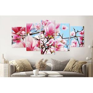 Schilderij - Roze magnolia in volle bloei, 5 luik, 200x100cm