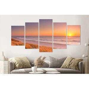Schilderij - Duinen en strand bij zonsondergang, 5 luik, 200x100cm