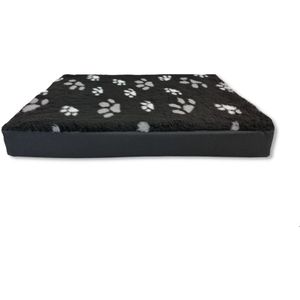 Hondenmatras Furfleece Blokkussen XL - 125 x 90 x 10 CM - Zwart met Voetprint Pootjes - Fleece Hondenkussen Hondenbed