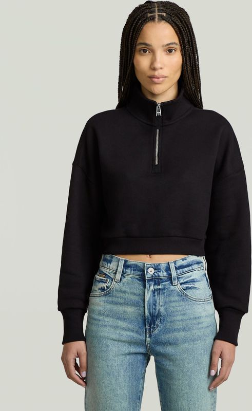 Cropped Half Zip Loose Sweater - Zwart - Dames