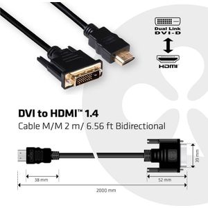 club3D CAC-1210 DVI-kabel DVI / HDMI Adapterkabel DVI-D 24+1-polige stekker, HDMI-A-stekker 2.00 m Zwart Vlambestendig