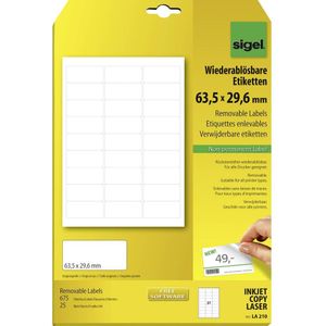 Sigel LA210 Universele etiketten 63.5 x 29.6 mm Papier Wit 675 stuk(s) Weer verwijderbaar Inkjet, Laser (zwart/wit), Laser (kleur), Kopiëren (zwart/wit),