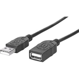 Manhattan USB-kabel USB 2.0 USB-A stekker, USB-A bus 1.00 m Zwart Folie afscherming, UL gecertificeerd, Vergulde steekcontacten 308519