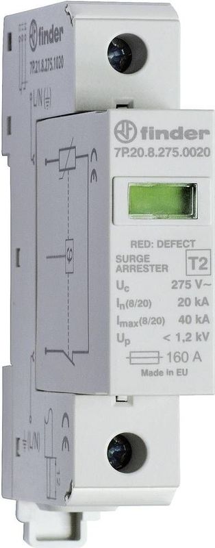 Finder 7P.21.8.275.1020 7P.21.8.275.1020 Overspanningsveilige afleider Overspanningsbeveiliging voor: Verdeelkast 20 kA