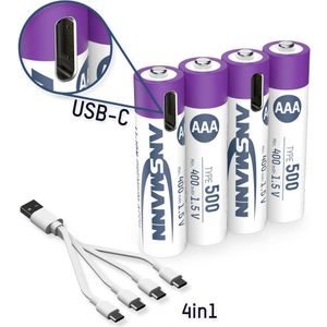 AAA Batterij - 400 mAh - Li-Ion - Oplaadbaar via usb-c - Kabel inbegrepen - Paars - 4 stuks