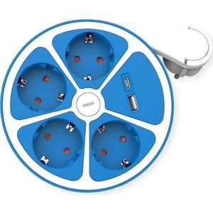 ROLINE 4-voudige stekkerdoos met schakelaar, rond, , USB-oplader A+C, blauw, 3 m