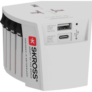 Skross - World Travel Adapter 2-pole + 1 USB Charger + 1 Type C 2400 mA White