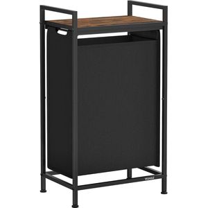 Wasmand 47 liter - 42x28x75 cm - uittrekbare en verwijderbare waszak - wassorteerder - met legplank en metalen frame, - inktzwart en rustiek bruin - BLH001B01