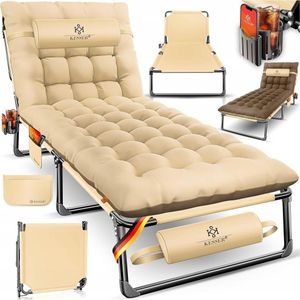Opvouwbaar kampeerbed met ligkussen - 190 x 68 x 30 cm - zijvak en bekerhouder - max 250 kg  - oxford-stof en stevig stalen frame - beige