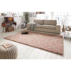 Hoogpolig vloerkleed geruit - berberkleed / beni ouarain - 160x230 cm - roze / creme - model: Allure