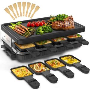 Raclette tafelgrill - gourmetstel - 8 personen - 8 pannetjes / spatels - 1300 watt - zwart