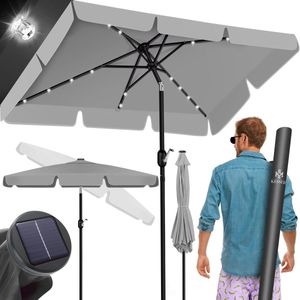 Parasol met 20 LED - 125x200 rechthoekig - solar stokparasol met zwengel - met accessoires - lichtgrijs