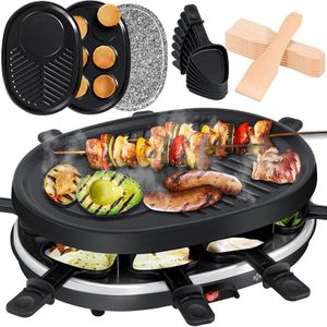 Gourmetstel met stenen grillplaat - raclette set voor 8 personen - elektrische grill - 8 pannetjes / houten / spatel