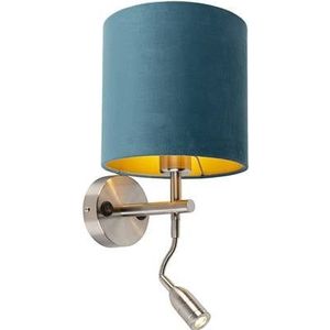 QAZQA Wandlamp staal met leeslamp en kap velours 20|20|20 blauw