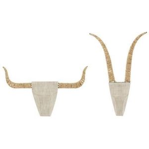 J-Line wanddecoratie Stier - hout|riet - wit|naturel - 2 stuks