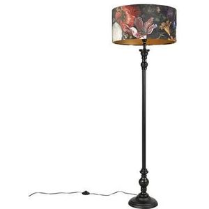 QAZQA Vloerlamp Zwart met Velours Kap Bloemen Goud 50 cm - Classico