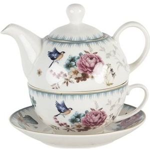 Clayre & Eef Tea for One 460 ml Wit Roze Porselein Rond Bloemen