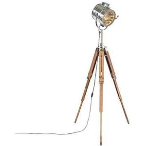 QAZQA Tripod vloerlamp staal met hout studiospot - Radiant