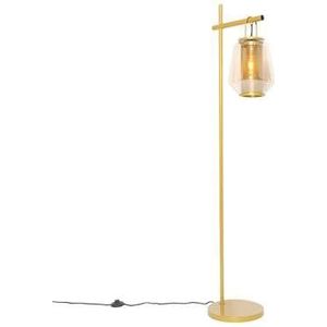 QAZQA Art deco vloerlamp goud met amber glas - Kevin