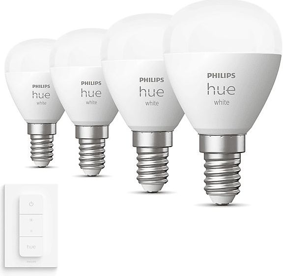 Philips Hue Uitbreidingspakket - E14 - met 4 Kogellampen - Warmwit Licht - Incl. 1 Hue Dimmer Switch - Hue White