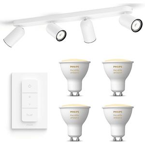 Philips Hue Pongee Opbouwspot (Wit) - Warm tot Koelwit Licht - Incl. Hue Dimmer Switch - Plafondspot met 4 Lichtpunten - GU10 - Hue White Ambiance