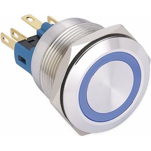 ONPOW Schalter, 24 V/DC, 1x Off/(On), Beleuchtung rot, Lötanschluss, flach rund, Edelstahl, 22 mm