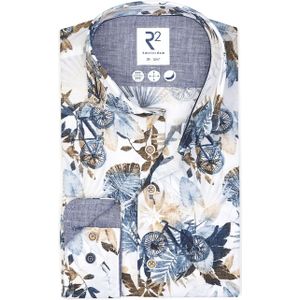 R2 Overhemd Extra Lange Mouwen Botanische Print Fiets Blauw