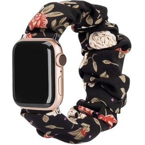 Apple Watch Nylon Scrunchie Band - Bloemen Zwart - 42, 44, 45 & 49mm - SM