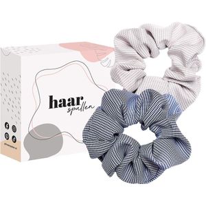 Checkmate Scrunchie Duo Set - Beige & Donkerblauw geruit