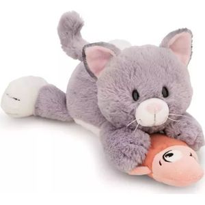 Nici: Grijze pluche kat en vis, liggend - 30 cm