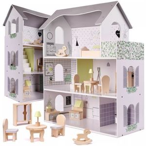 Zeer luxe XL houten poppenhuis met meubels 70 cm grijs - Speelhuisje voor jong en oud - Speelhuis van hout - Duurzaam speelgoed - groot model