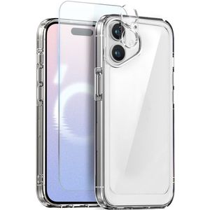 iPhone 16 Hoesje - NORTHJO 3-in-1 CombiDeal - Transparant TPU Hoesje met Glazen Screen Protector en Lens Protector - Transparant