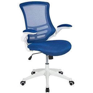 Flash Furniture Bureaustoel met middelhoge rugleuning, ergonomische bureaustoel met opklapbare armleuningen en LeatherSoft-materiaal, perfect voor thuiskantoor of kantoor, blauw/wit