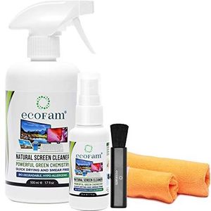 ecoFam Natuurlijke schermreiniger, spray, 500 ml, met twee hoogwaardige microvezel-reinigingsdoeken, ideaal voor LCD, tv, iPad, iPhone, tablet, smartphone en laptops (500 ml + 50 ml)