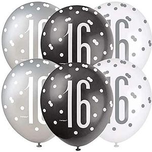 Unique Party 83382 8358-12"" Latex Glitz Zwart & Zilver 16e verjaardag ballonnen, Pack van 6, zwart, leeftijd 16