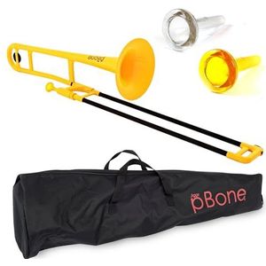 pBone Trombone, ABS kunststof trombone (glasvezel buizen, 8"" beker, 12,7 mm boring, kunststof mondstuk met smalle steel, tas inbegrepen), Geel