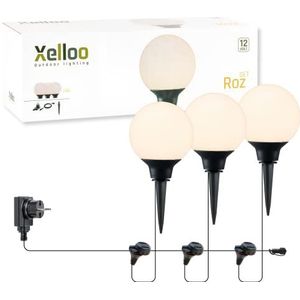 Xelloo® Tuinverlichtingsset ROZ, 12 Volt, 3 stuks designarmaturen 1W LED warmwit met grondspies, waterdicht (IP44) en met praktische schuifaansluiting