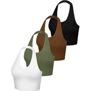 Set van 4 haltertops voor dames, V-hals, crop top, haltertop, tanktops, rugloze crop top, diepe V-hals vest, Zwart, Wit, Legergroen, Koffie, S