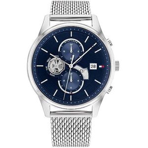 Tommy Hilfiger Analoge multifunctionele quartz horloge voor mannen met zilveren roestvrijstalen mesh armband - 1710504, marineblauw, armband