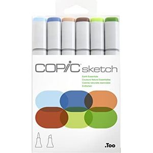 COPIC Sketch Marker Set ""Earth Essentials"" met 6 kleuren, professionele penseelstiften op alcoholbasis met een flexibele en een medium brede punt.