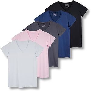 5-pack dames korte mouwen V-hals Activewear T-shirt Dry-Fit vochtafvoerend parfum yoga top (verkrijgbaar in grote maten), Set 6, XXL