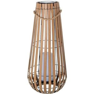 DRW Lantaarn op zonne-energie voor tafel of vloer van hout en metaal, naturel en zwart, met led-kaars 28 x 28 x 65 cm