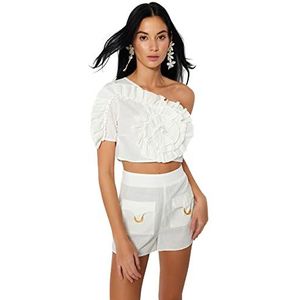 Trendyol Dames Dames Slim Fit Basic Asymmetrische Kraag Geweven Blouse Shirt, Ecru, 34